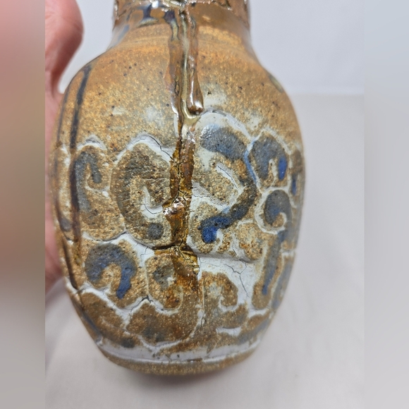 Rustic Pottery Vase Brown & Blue Dripped Glaze Round 7x4 Circumference 12.75 - Picture 7 of 10